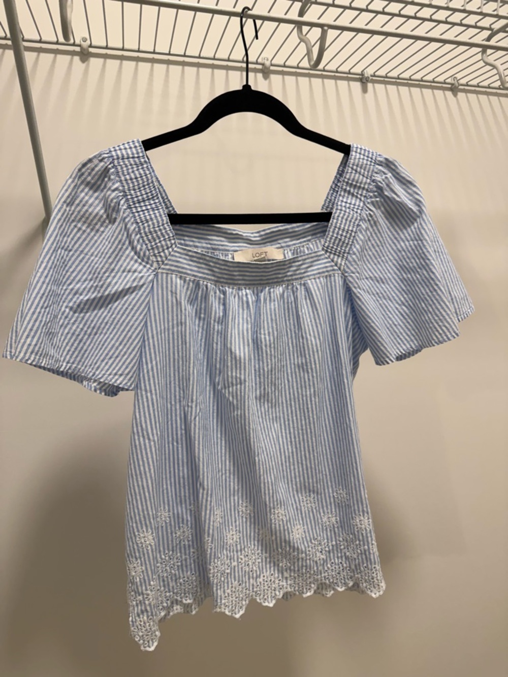 LOFT Light Blue & White Striped Square-Neck Puff Sleeve Top